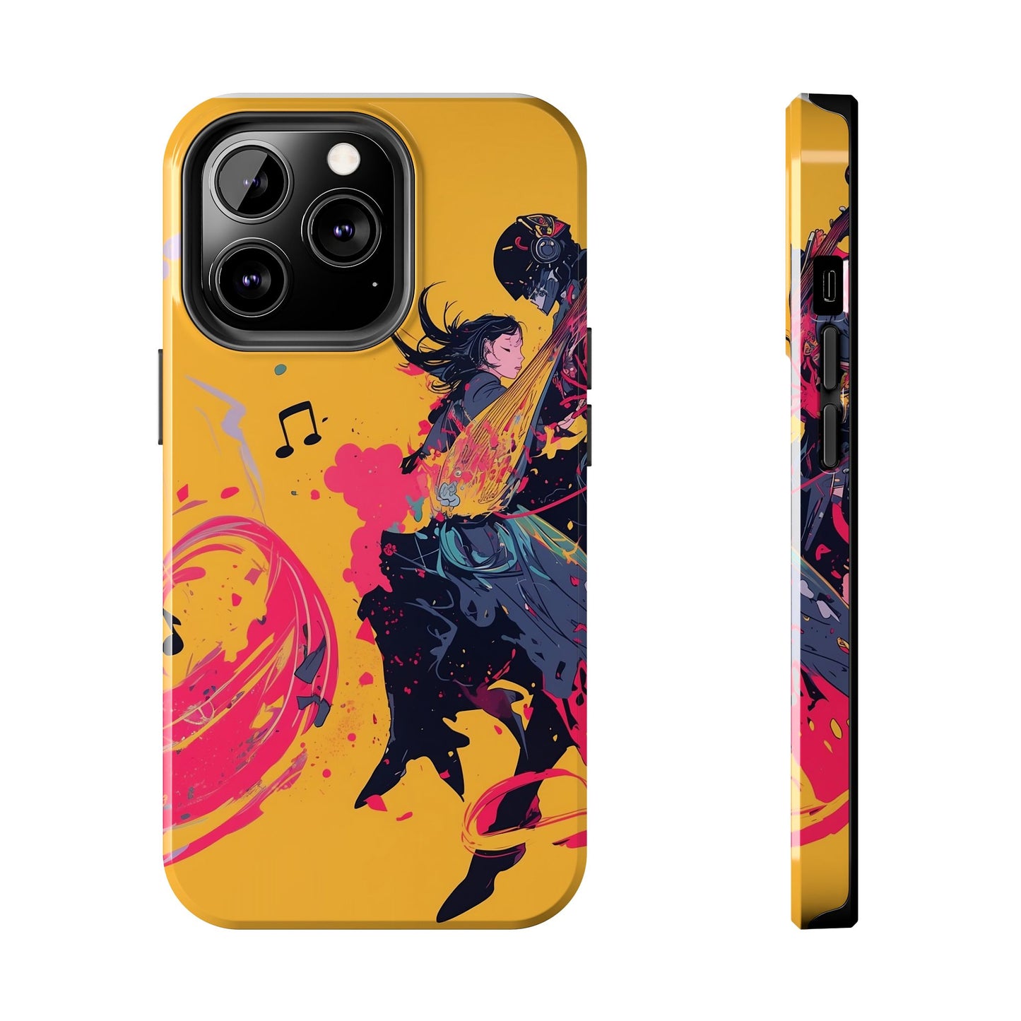 Japan designed music warrior phone case dynamic art perfect kids gift vivid yellow background cool splatter effects anime warrior vibrant musical notes colorful creative phone cover ideal for young music fans