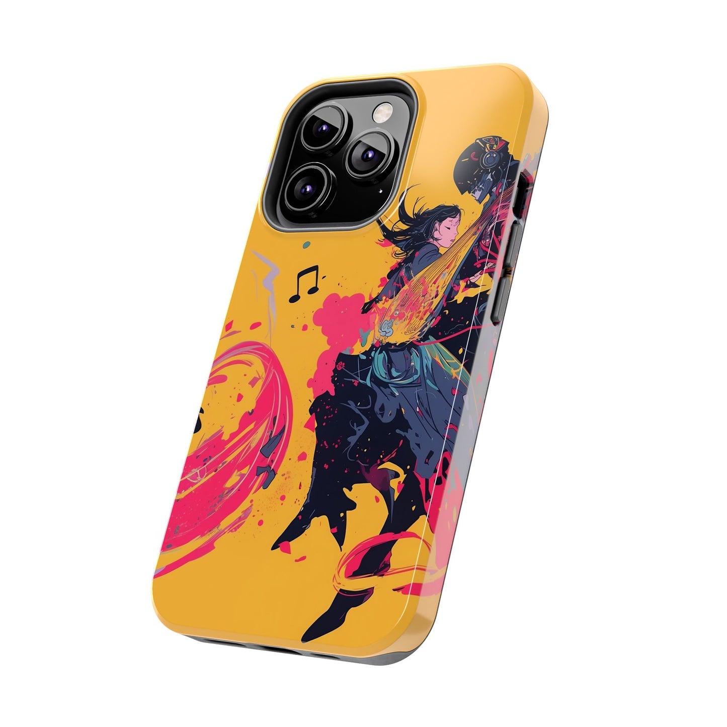 Japan designed music warrior phone case dynamic art perfect kids gift vivid yellow background cool splatter effects anime warrior vibrant musical notes colorful creative phone cover ideal for young music fans