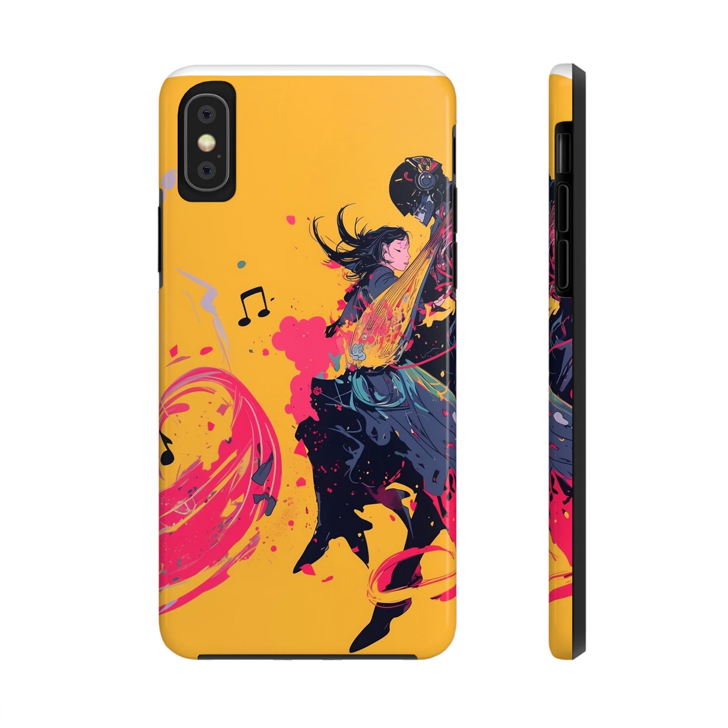 Japan designed music warrior phone case dynamic art perfect kids gift vivid yellow background cool splatter effects anime warrior vibrant musical notes colorful creative phone cover ideal for young music fans