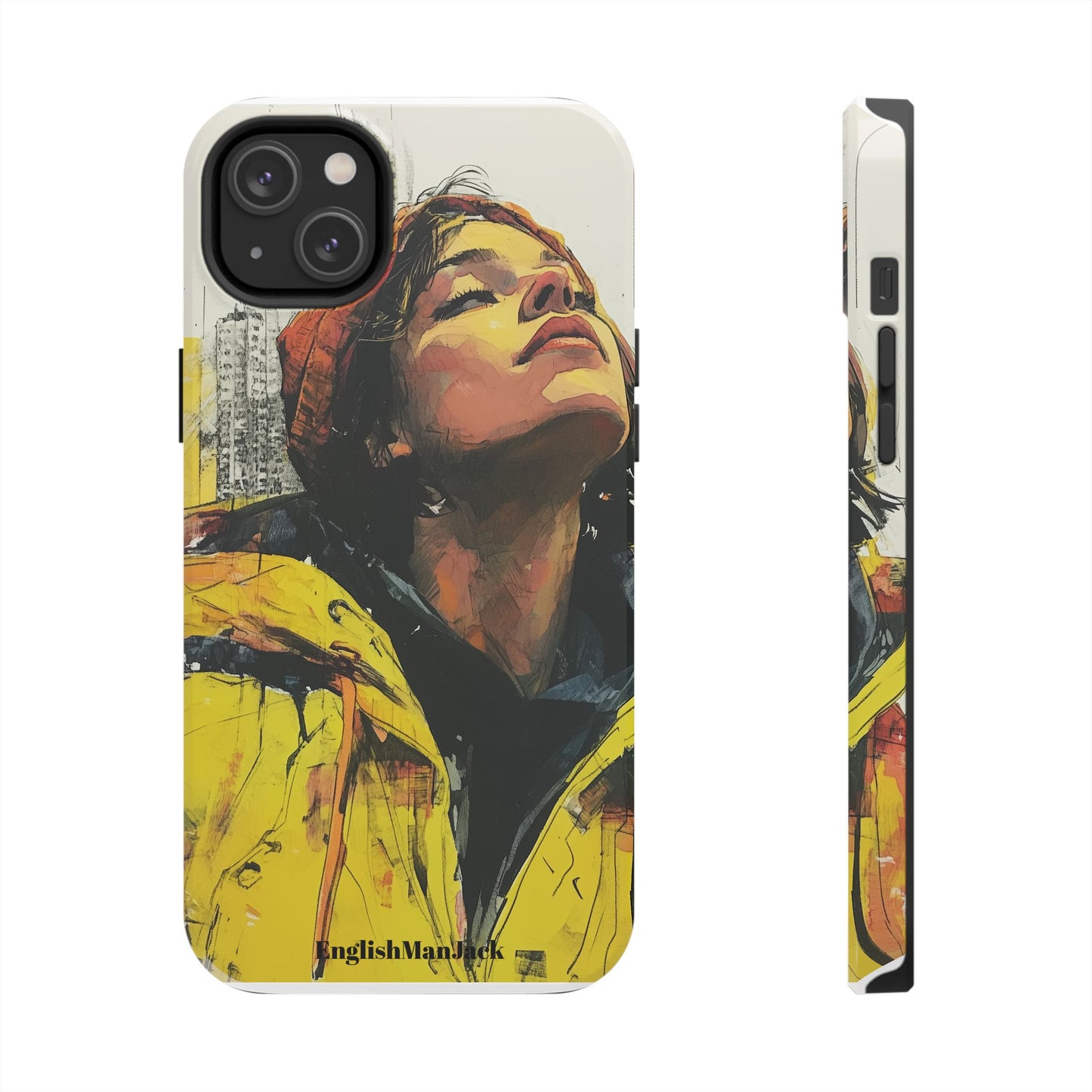 Urban style phone case young dreamer design perfect youth gift vibrant yellow jacket artistic city background inspirational street art cover modern urban explorer great for young adults trendy city life phone case emotional portrait cover