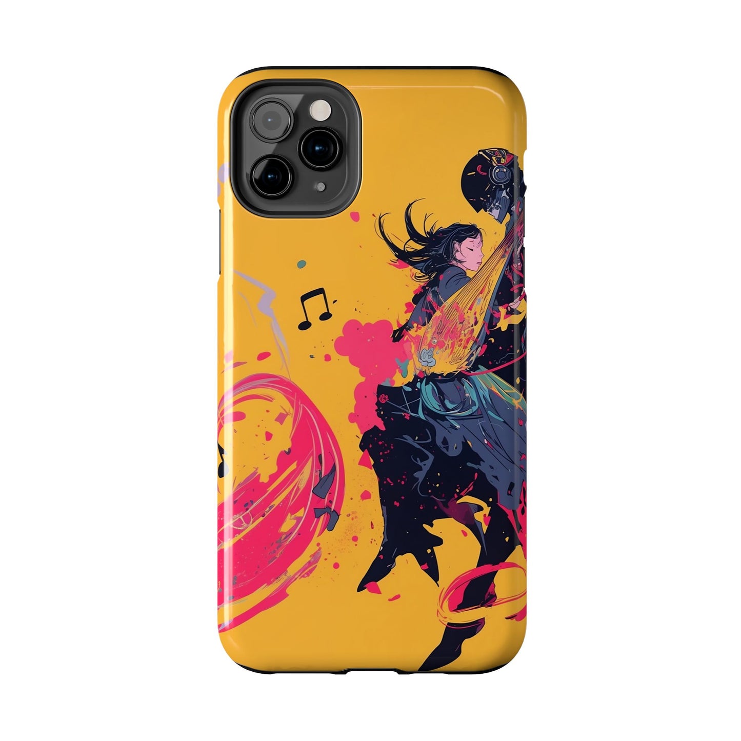 Japan designed music warrior phone case dynamic art perfect kids gift vivid yellow background cool splatter effects anime warrior vibrant musical notes colorful creative phone cover ideal for young music fans