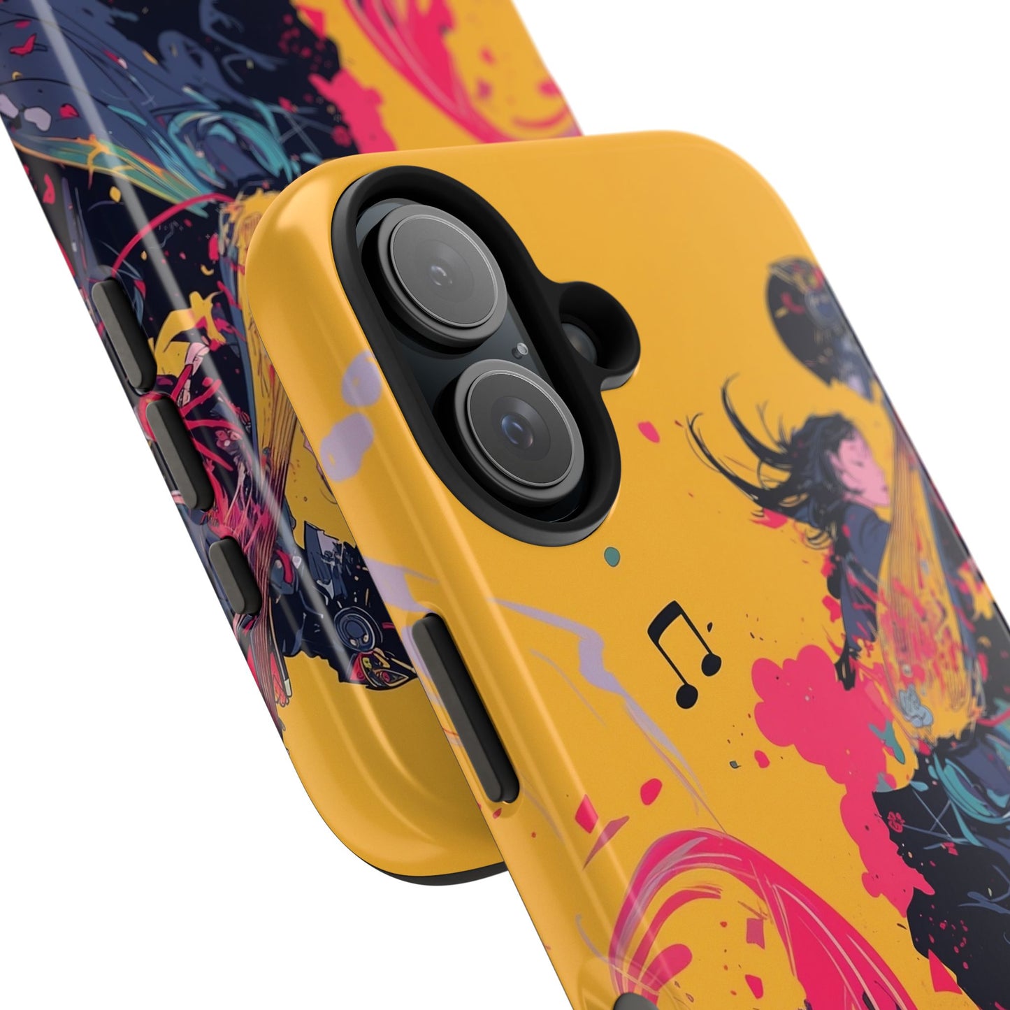 Japan designed music warrior phone case dynamic art perfect kids gift vivid yellow background cool splatter effects anime warrior vibrant musical notes colorful creative phone cover ideal for young music fans