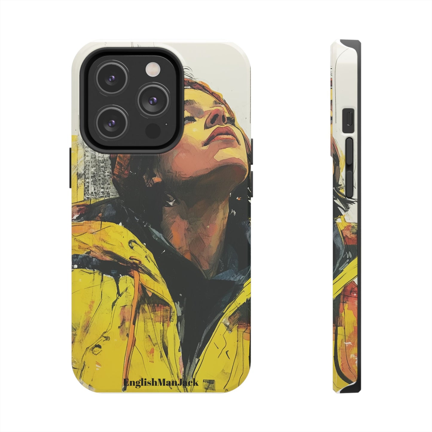 Urban style phone case young dreamer design perfect youth gift vibrant yellow jacket artistic city background inspirational street art cover modern urban explorer great for young adults trendy city life phone case emotional portrait cover