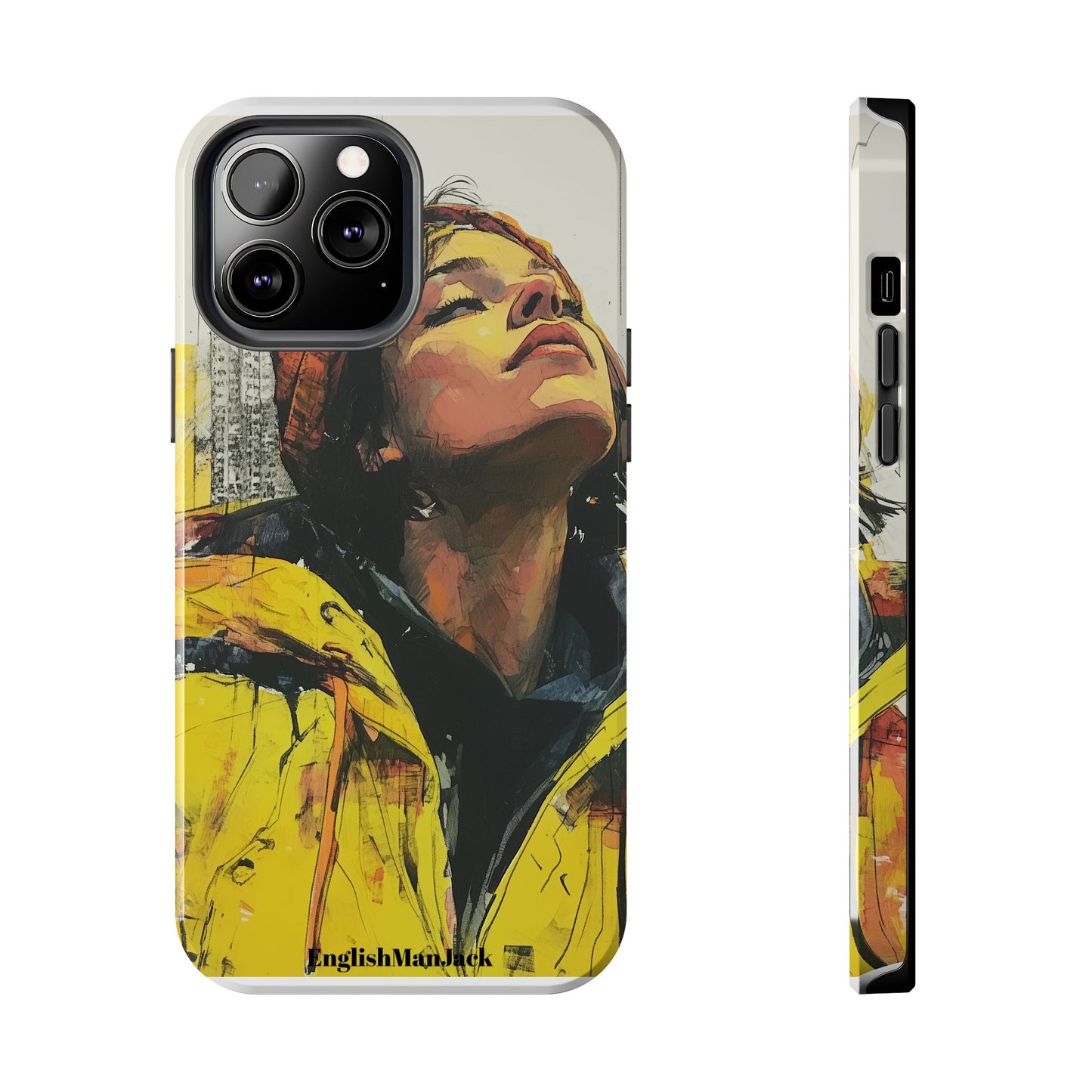 Urban style phone case young dreamer design perfect youth gift vibrant yellow jacket artistic city background inspirational street art cover modern urban explorer great for young adults trendy city life phone case emotional portrait cover