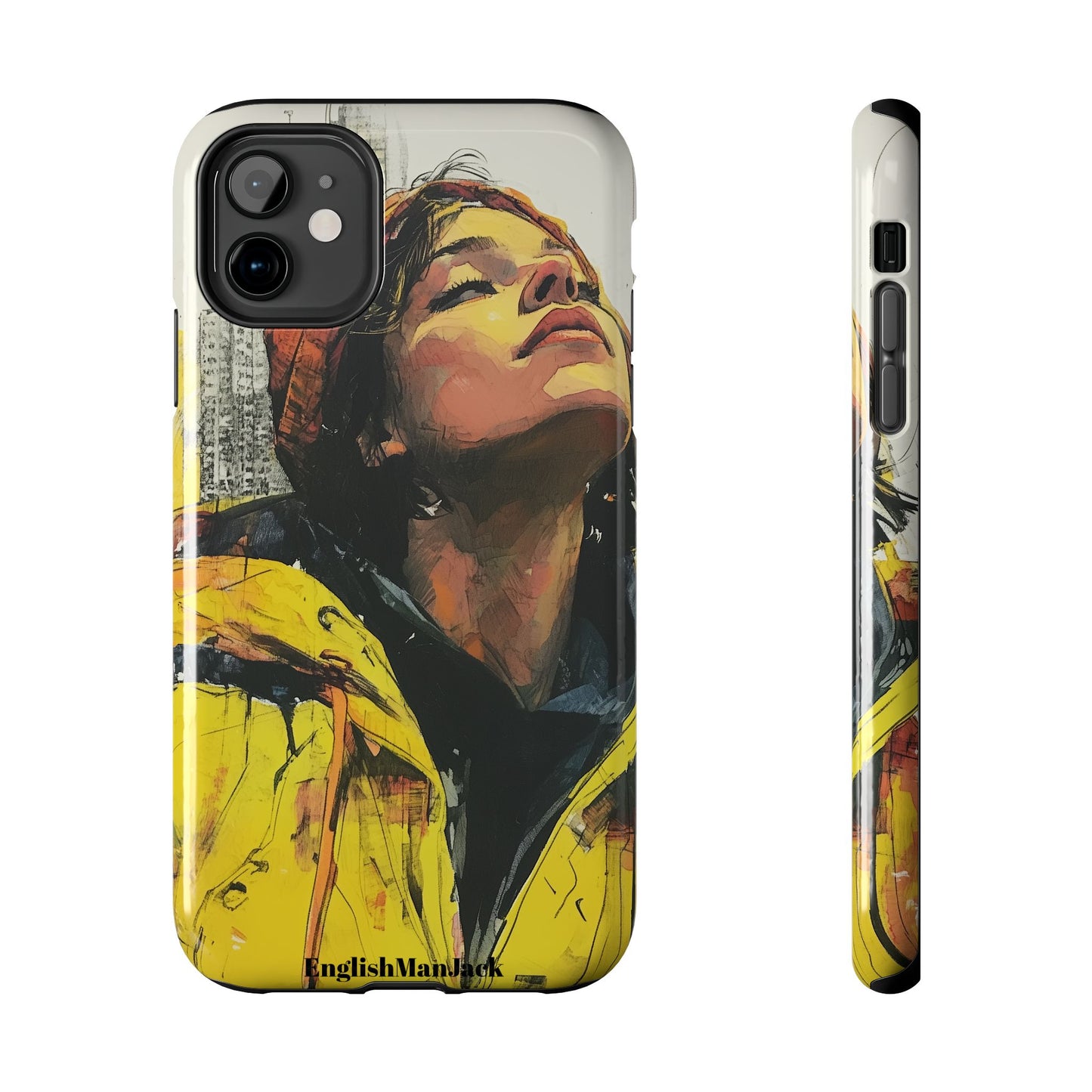 Urban style phone case young dreamer design perfect youth gift vibrant yellow jacket artistic city background inspirational street art cover modern urban explorer great for young adults trendy city life phone case emotional portrait cover