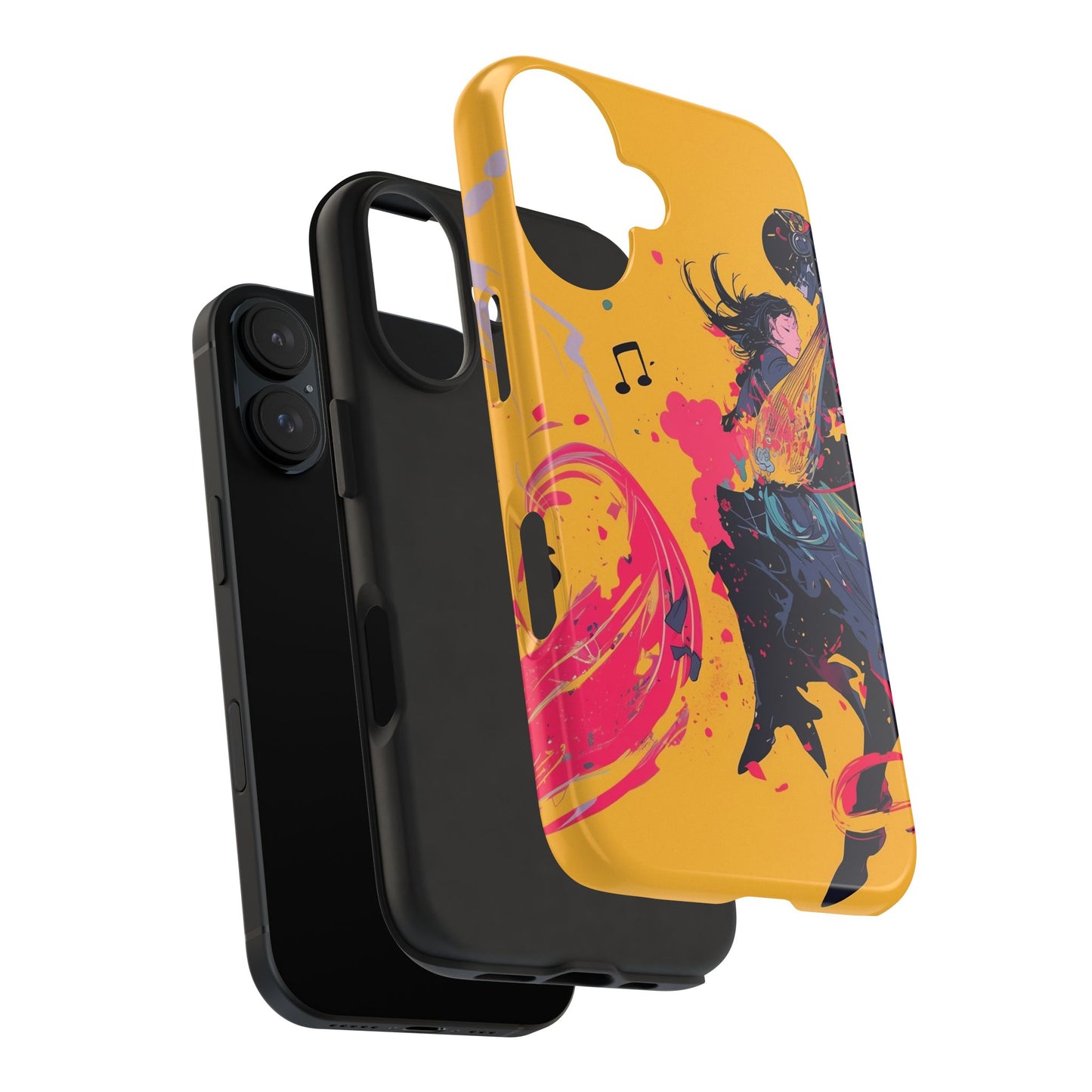 Japan designed music warrior phone case dynamic art perfect kids gift vivid yellow background cool splatter effects anime warrior vibrant musical notes colorful creative phone cover ideal for young music fans