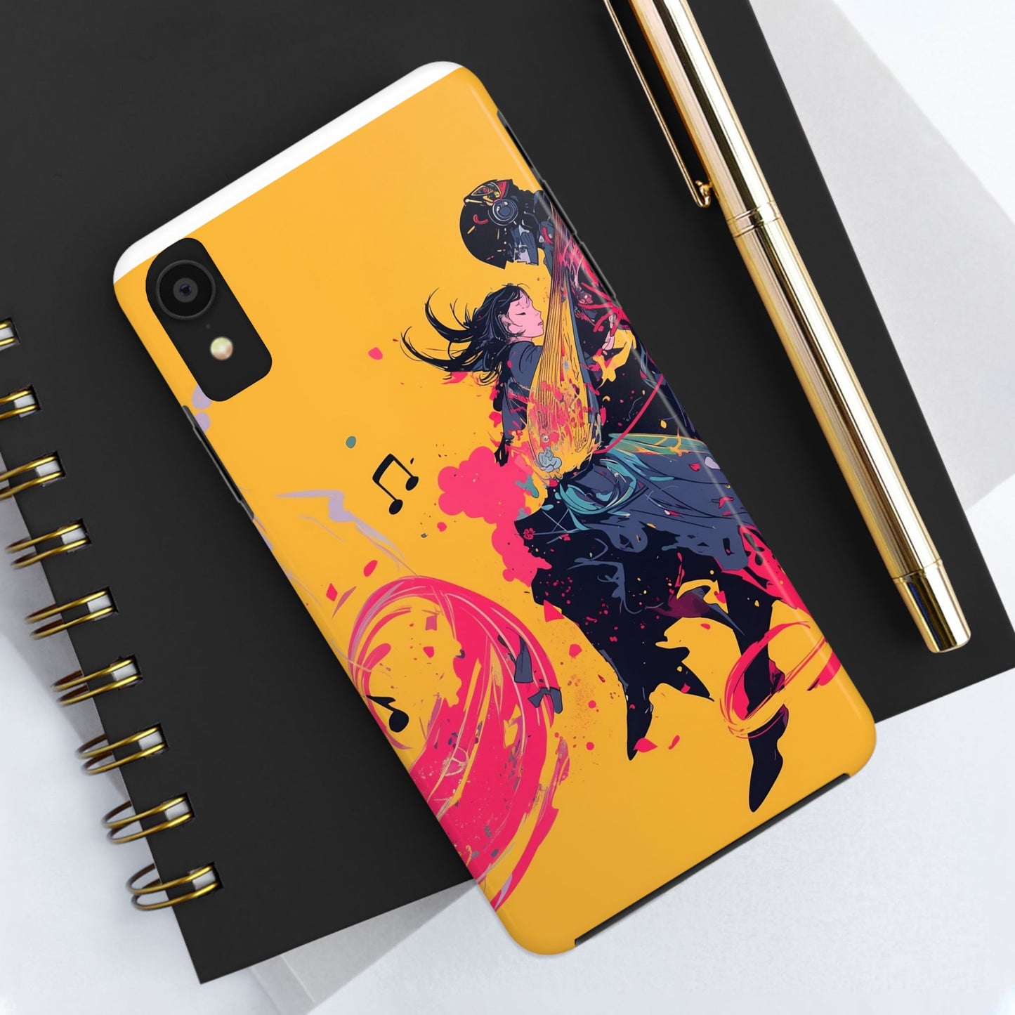 Japan designed music warrior phone case dynamic art perfect kids gift vivid yellow background cool splatter effects anime warrior vibrant musical notes colorful creative phone cover ideal for young music fans