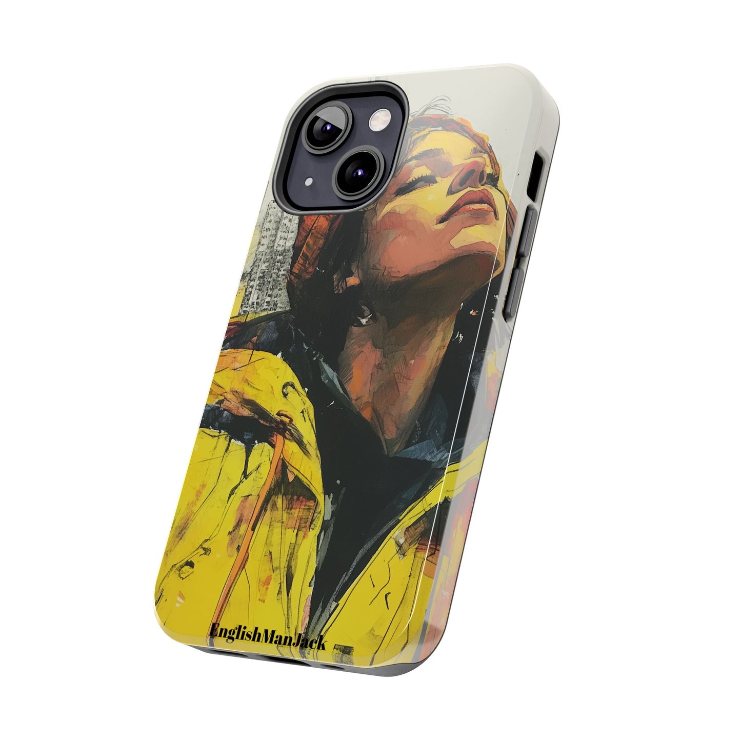 Urban style phone case young dreamer design perfect youth gift vibrant yellow jacket artistic city background inspirational street art cover modern urban explorer great for young adults trendy city life phone case emotional portrait cover