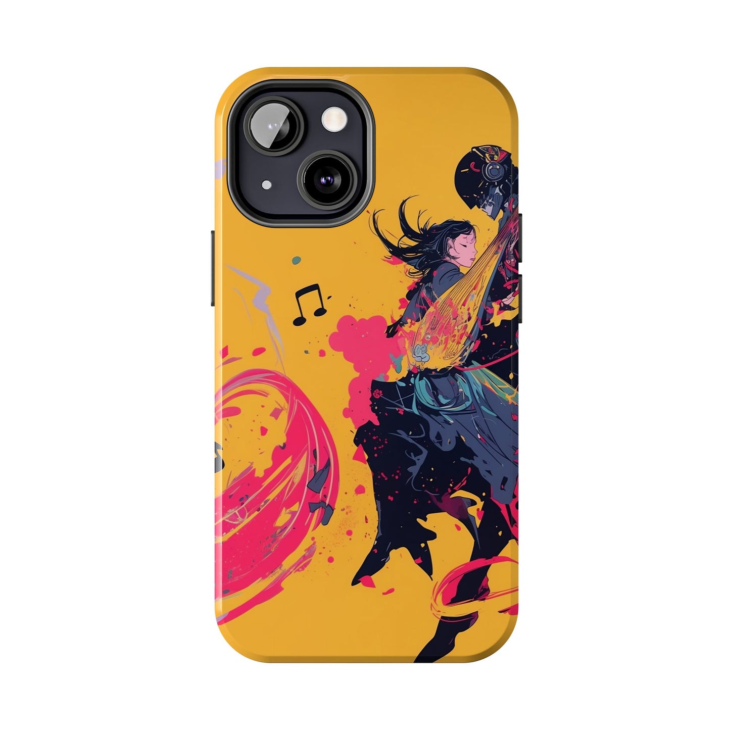 Japan designed music warrior phone case dynamic art perfect kids gift vivid yellow background cool splatter effects anime warrior vibrant musical notes colorful creative phone cover ideal for young music fans