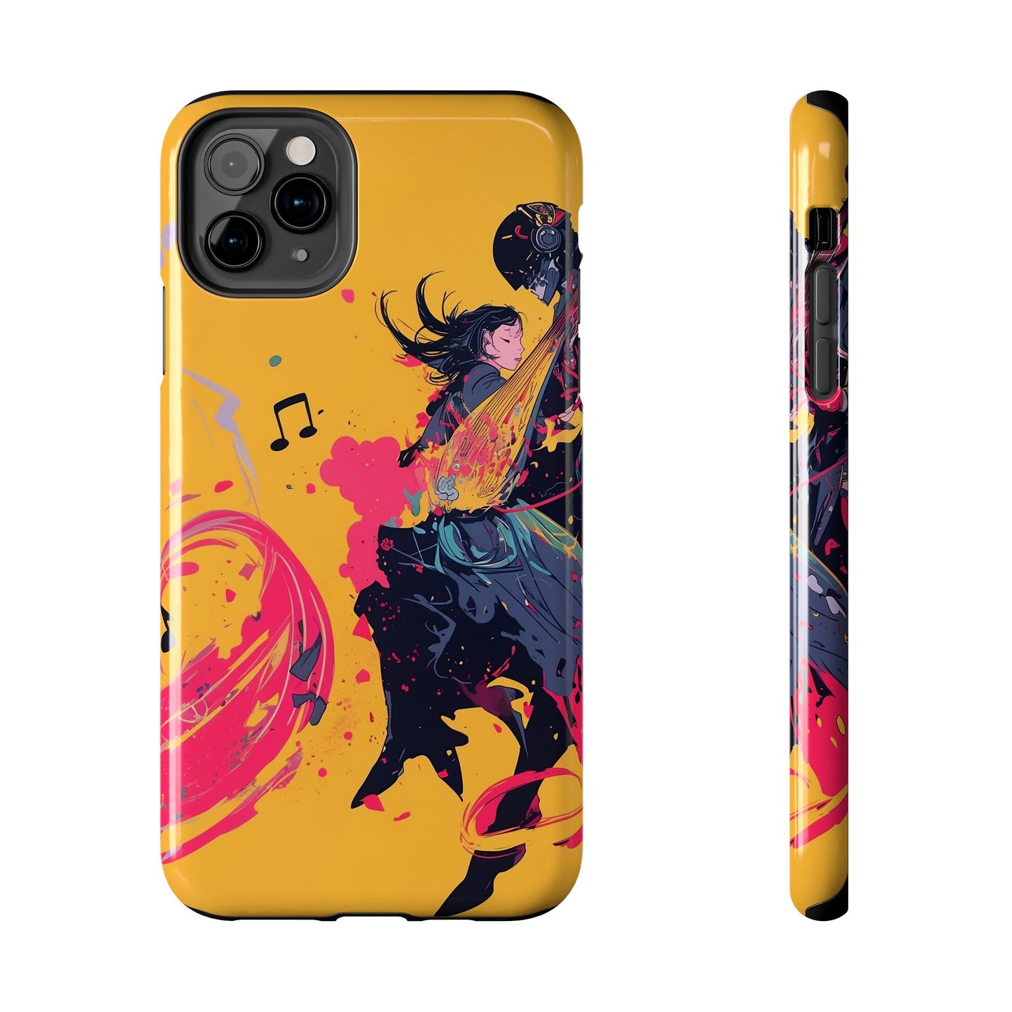 Japan designed music warrior phone case dynamic art perfect kids gift vivid yellow background cool splatter effects anime warrior vibrant musical notes colorful creative phone cover ideal for young music fans