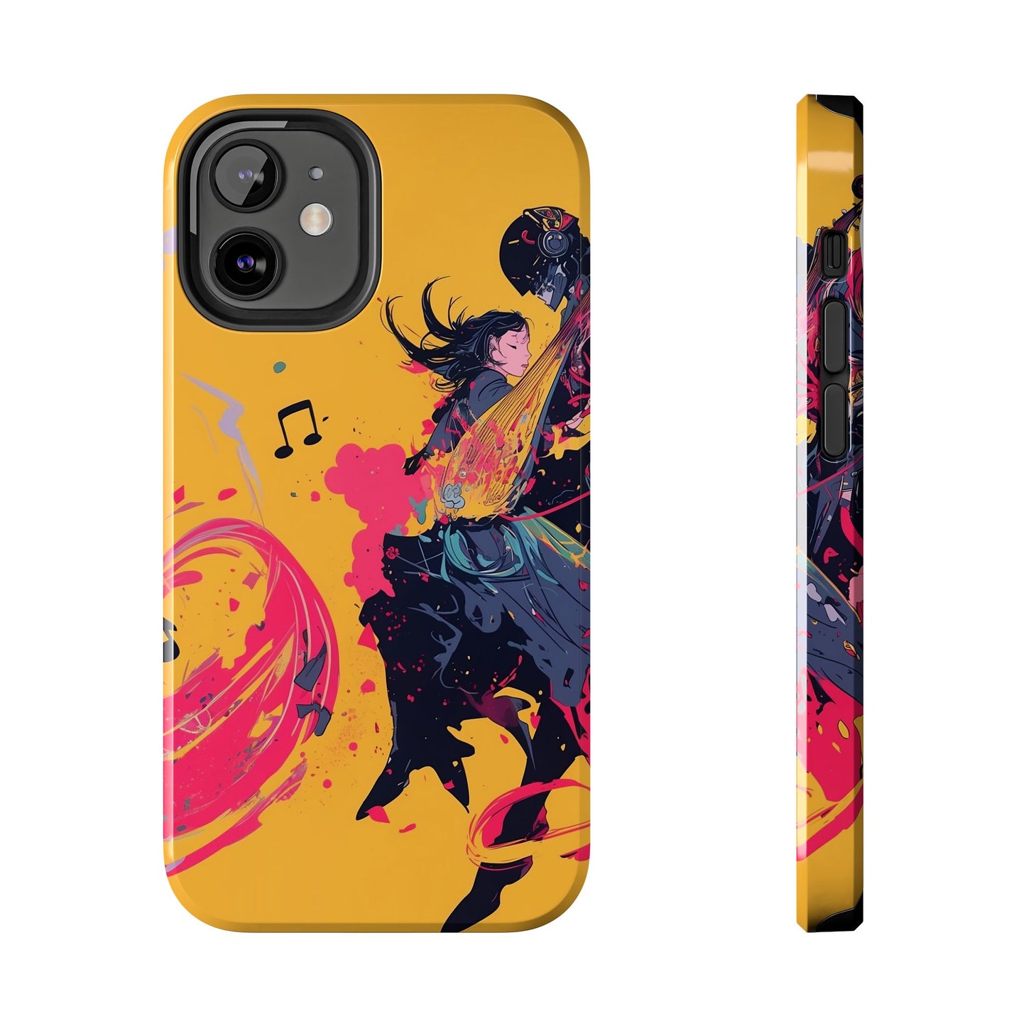 Japan designed music warrior phone case dynamic art perfect kids gift vivid yellow background cool splatter effects anime warrior vibrant musical notes colorful creative phone cover ideal for young music fans