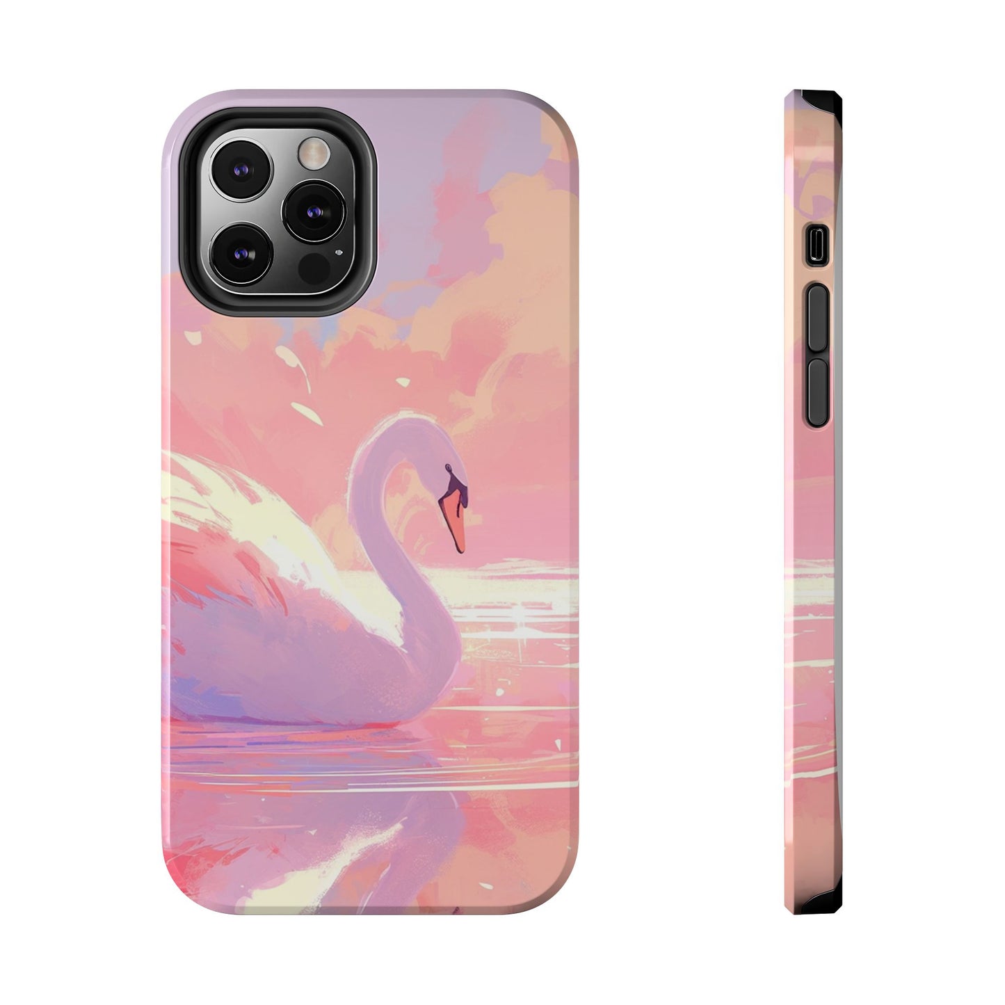 Swan lake phone case perfect kids gift pink swan art dreamy water scene cool animal cover vibrant easy fit colorful swan design smooth reflection unique protector peaceful lake image perfect children's gift vibrant art cover gift for kids easy phone case