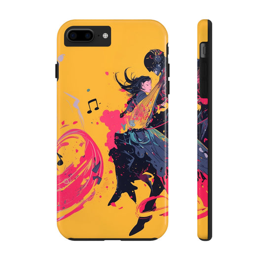 Japan designed music warrior phone case dynamic art perfect kids gift vivid yellow background cool splatter effects anime warrior vibrant musical notes colorful creative phone cover ideal for young music fans