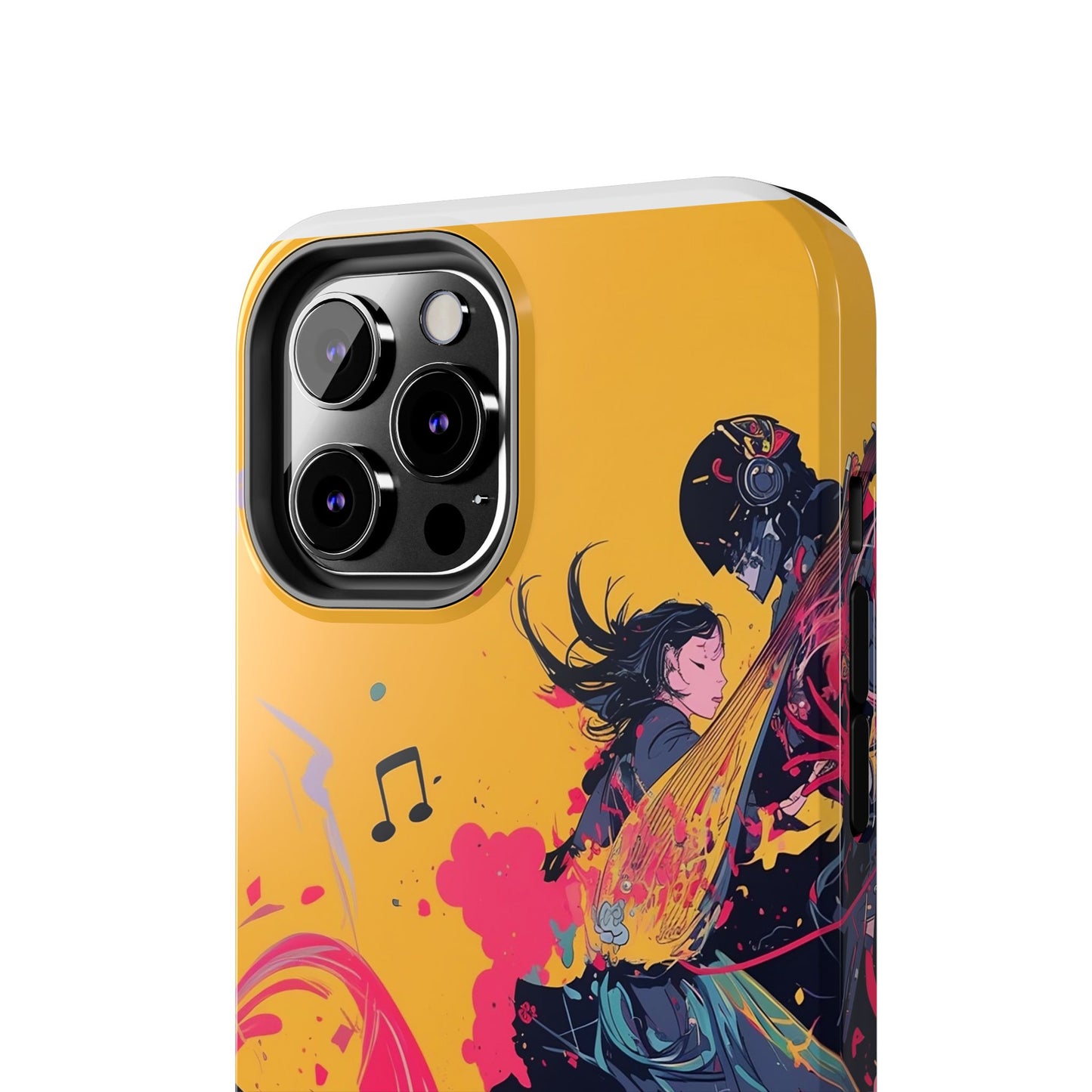 Japan designed music warrior phone case dynamic art perfect kids gift vivid yellow background cool splatter effects anime warrior vibrant musical notes colorful creative phone cover ideal for young music fans